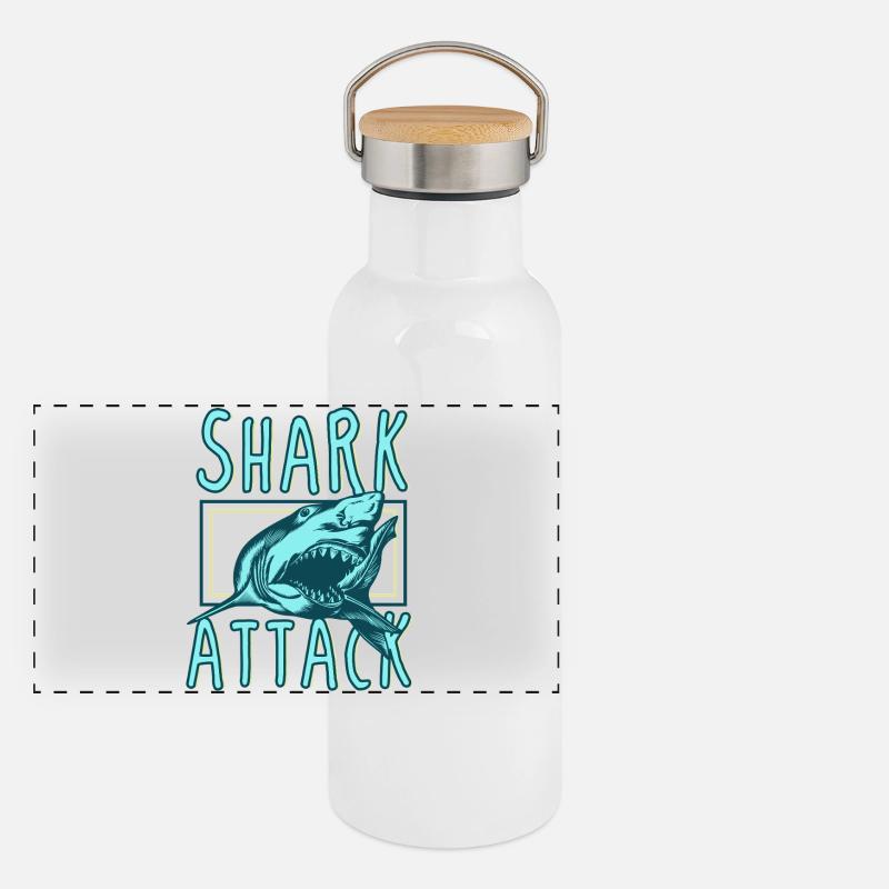 Shark Attack – Fierce Retro Ocean Predator Panoramic Thermal Bottle with Bamboo Lid