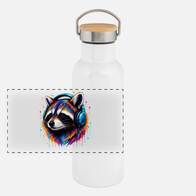 Waschbär mit Kopfhörern Panorama Thermosflasche mit Bambusdeckel