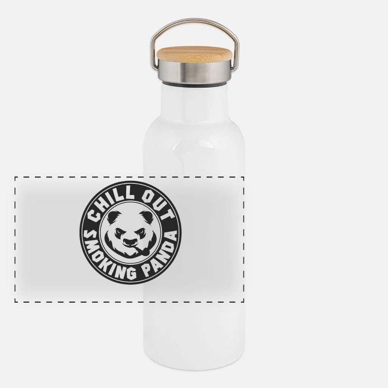 Chill Out Smoking Panda Retro Emblem Panorama Thermosflasche mit Bambusdeckel