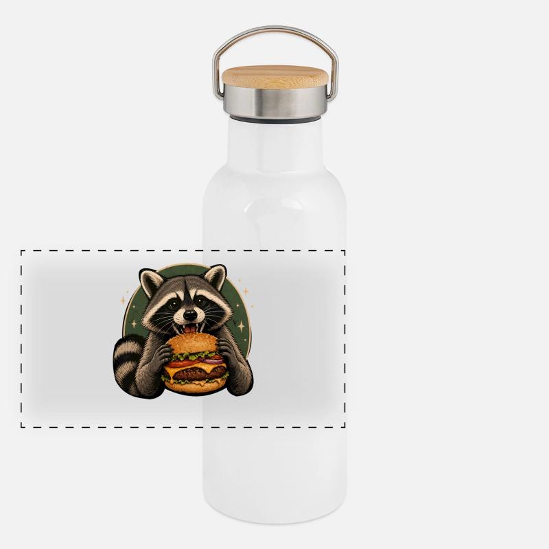 Waschbär mit Burger - Panorama Thermosflasche mit Bambusdeckel - Weiß