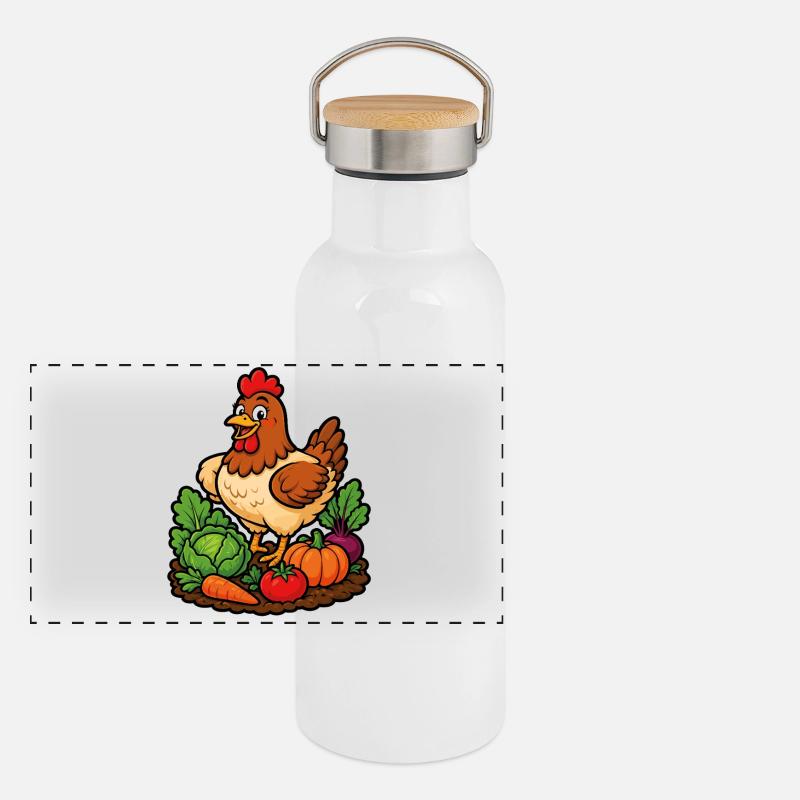 Poule joyeuse dans le potager - Gourde isotherme avec bouchon en bambou - blanc
