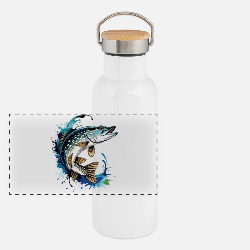 Springender Hecht Panorama Thermosflasche mit Bambusdeckel