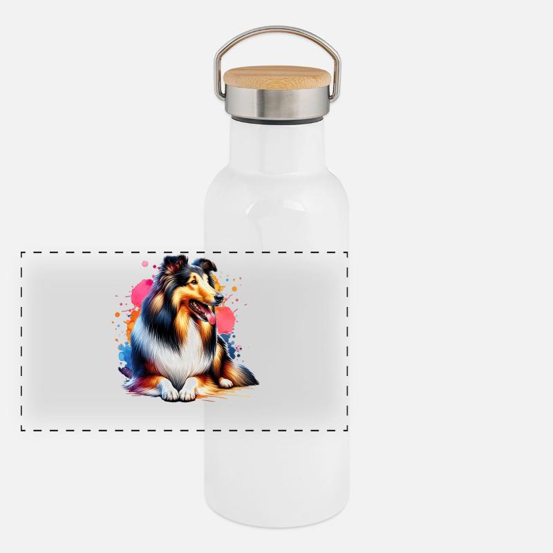 Langhaar Collie Geschenk Panorama Thermosflasche mit Bambusdeckel