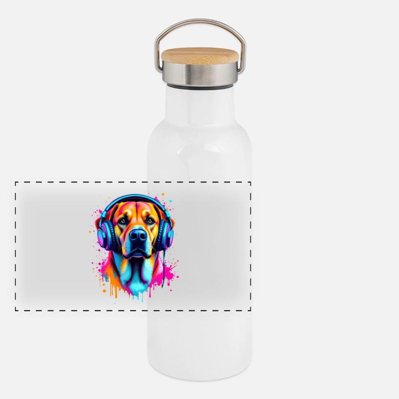 Labrador mit Kopfhörer Panorama Thermosflasche mit Bambusdeckel