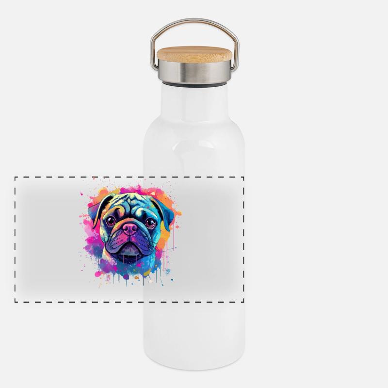 Lebendiges Mops-Splash-Porträt Panorama Thermosflasche mit Bambusdeckel