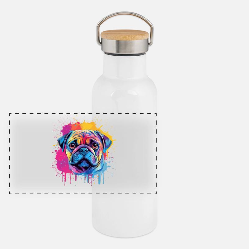 Color Splash Pug Porträt Panorama Thermosflasche mit Bambusdeckel
