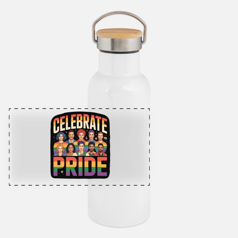 Celebrate Pride LGBTQ Regenbogen Panorama Thermosflasche mit Bambusdeckel