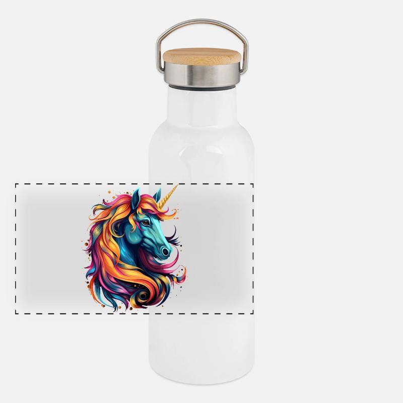 Art de tête de licorne arc-en-ciel Gourde isotherme avec bouchon en bambou