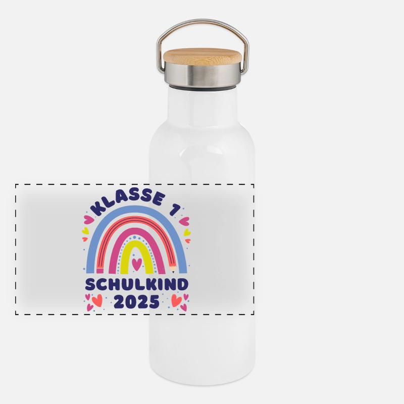 Regenbogen mit Stift und Herz - Schulkind 2025 Panorama Thermosflasche mit Bambusdeckel