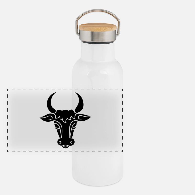 Stier - Panorama Thermosflasche mit Bambusdeckel - Weiß