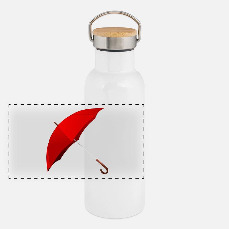 Roter Regenschirm aufgespannt. Geschenkidee Panorama Thermosflasche mit Bambusdeckel
