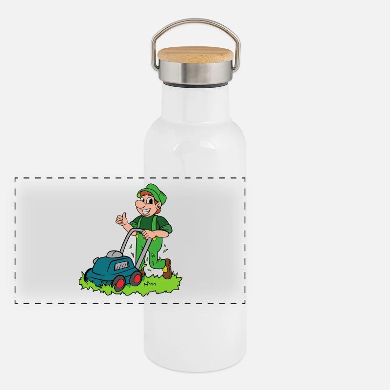 Gardener with lawnmower Panoramic Thermal Bottle with Bamboo Lid