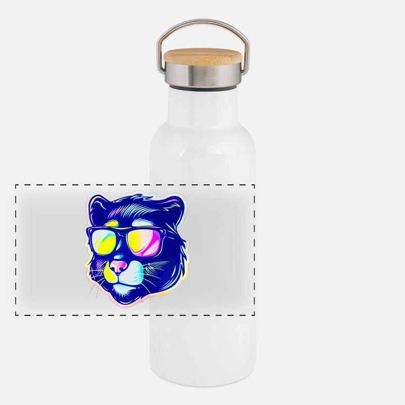 Blaue Katze mit Sonnenbrille Panorama Thermosflasche mit Bambusdeckel