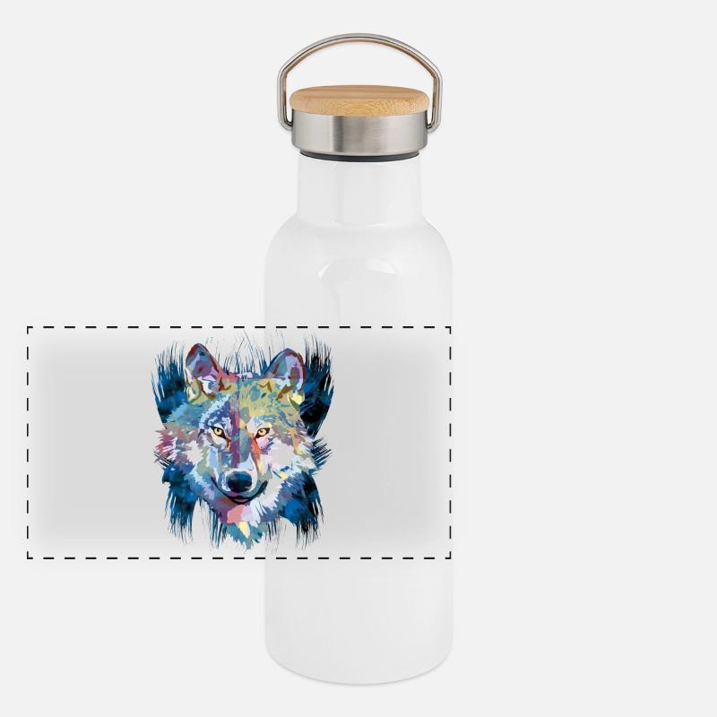 Polygon Wolf - Schöner grauer Wolf in Blau Panorama Thermosflasche mit Bambusdeckel