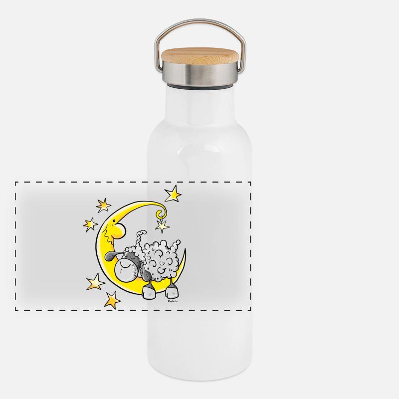 Schaf im Mond Panorama Thermosflasche mit Bambusdeckel