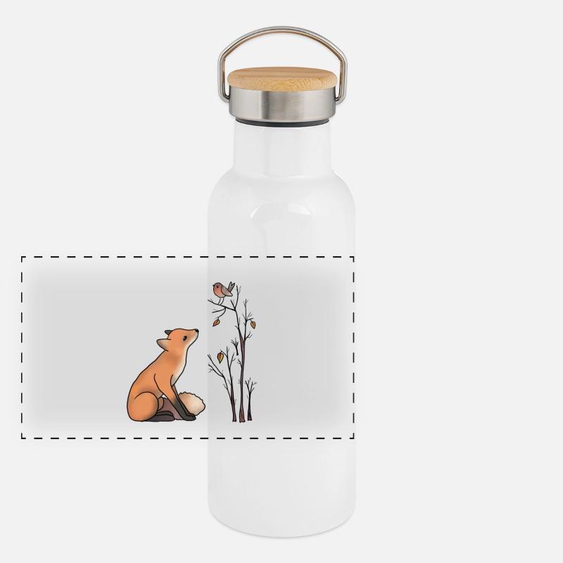 Fuchs und Rotkehlchen Panorama Thermosflasche mit Bambusdeckel