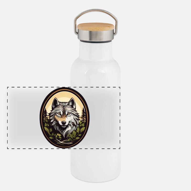 Waldbewohner Wolf Panorama Thermosflasche mit Bambusdeckel