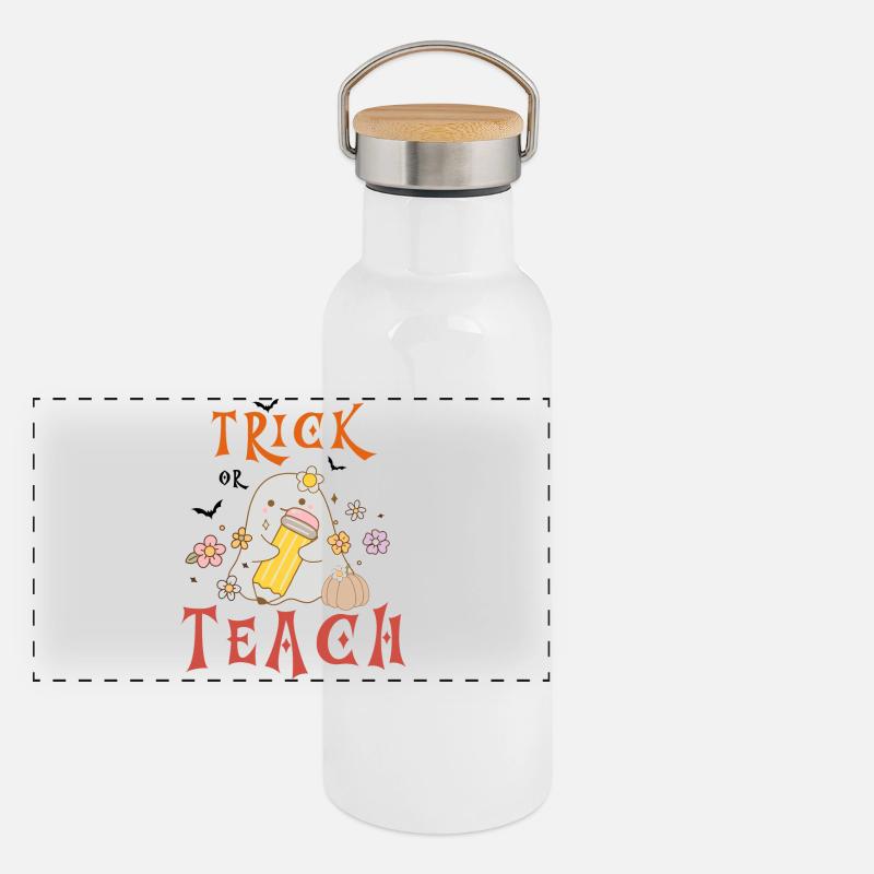 Halloween-Lehrer austricksen oder unterrichten Panorama Thermosflasche mit Bambusdeckel