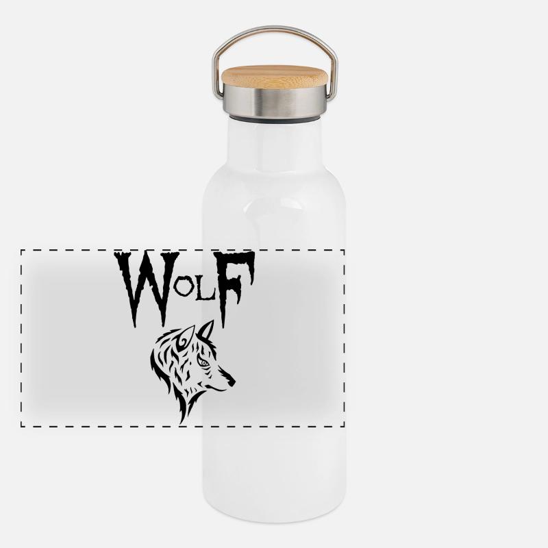 Schwarzer Wolf Panorama Thermosflasche mit Bambusdeckel