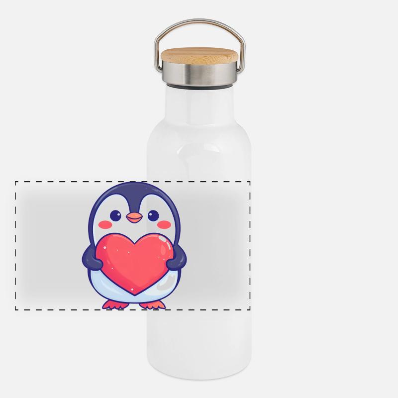 Pinguin mit rotem Herz - Entzückender Cartoon Panorama Thermosflasche mit Bambusdeckel