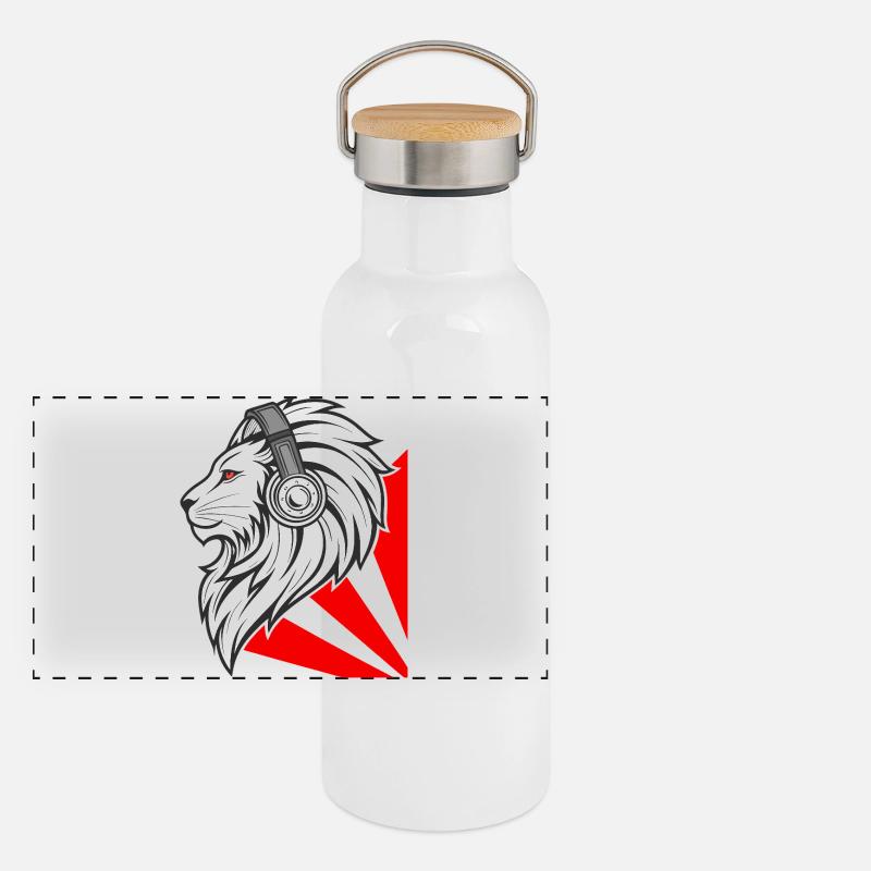 Stylischer Löwe mit Kopfhörern Panorama Thermosflasche mit Bambusdeckel