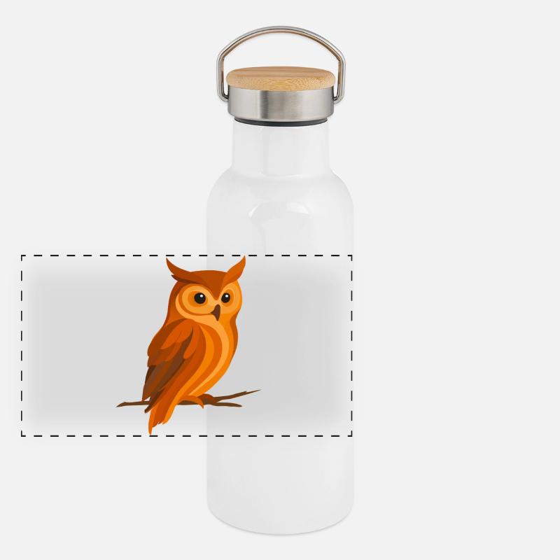 Eule in Orangetönen – Ausdrucksstarker Waldvogel Panorama Thermosflasche mit Bambusdeckel