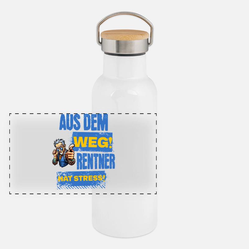 Cooler Rentner hat Stress. Panorama Thermosflasche mit Bambusdeckel