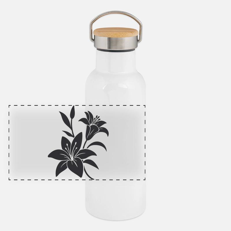 Illustration florale monochrome élégante Gourde isotherme avec bouchon en bambou
