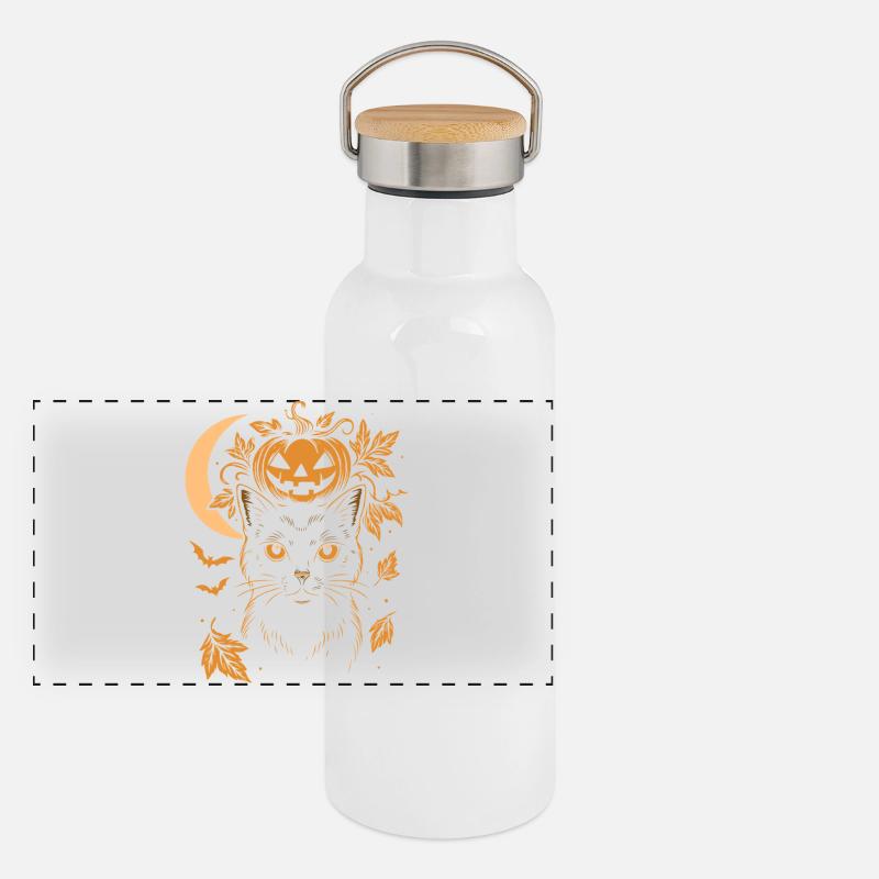 Halloween Cat with Pumpkin and Moon Panoramic Thermal Bottle with Bamboo Lid