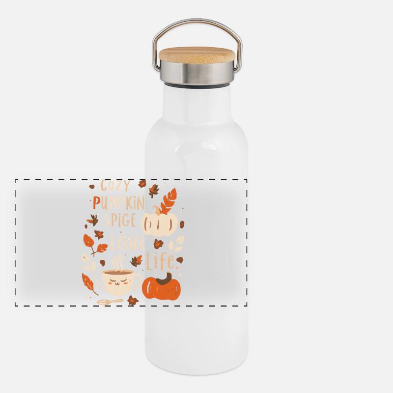 Herbstlicher Pumpkin Cozy Print Kürbis Design  Panorama Thermosflasche mit Bambusdeckel