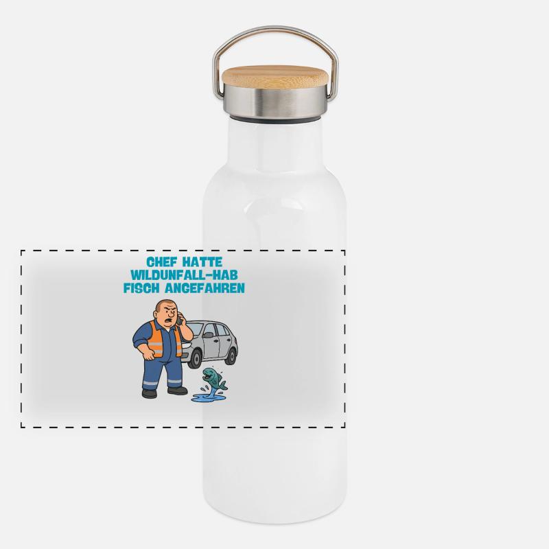 Wildunfall mit Fisch Panorama Thermosflasche mit Bambusdeckel