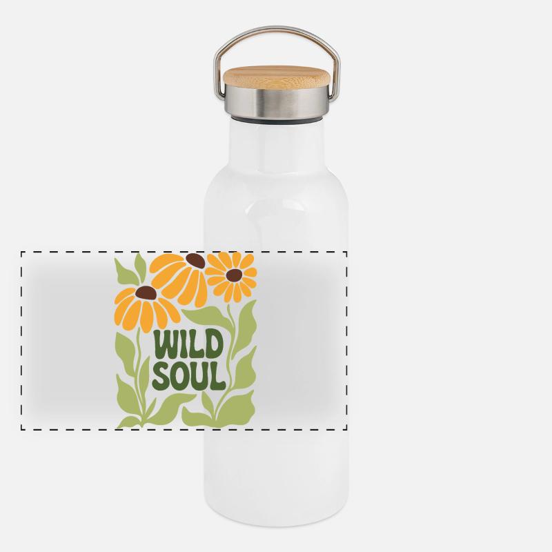 Wild Soul – Retro blumige Vibes - Panorama Thermosflasche mit Bambusdeckel - Weiß