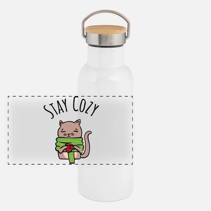 Kuschelkätzchen mit grünem Schal Weihnachtspulli Panorama Thermosflasche mit Bambusdeckel