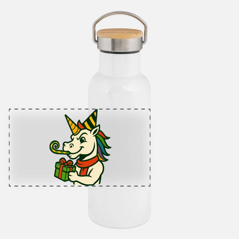 Einhorn hält ein Geschenk Spaß Festliche Feiertagskunst Panorama Thermosflasche mit Bambusdeckel