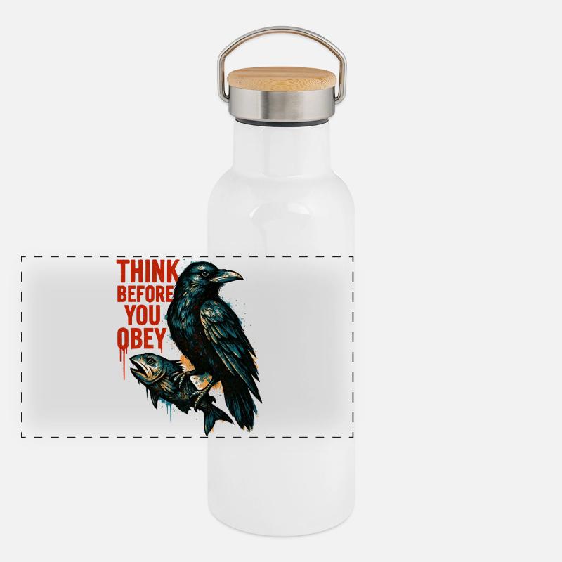 Think Before Obeying – Crow Art Panoramic Thermal Bottle with Bamboo Lid