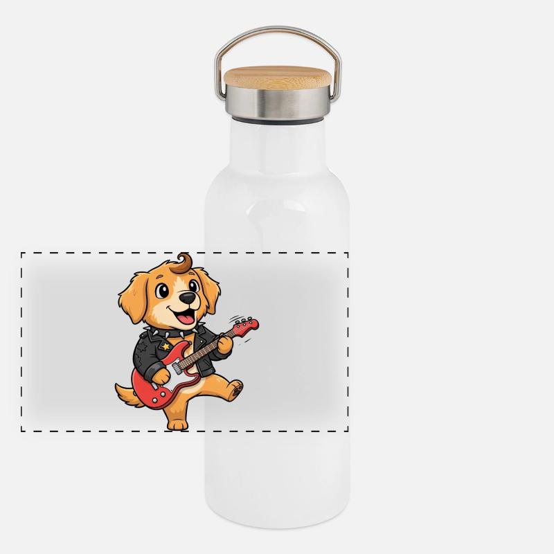 Rockiger Hund mit E-Gitarre Panorama Thermosflasche mit Bambusdeckel