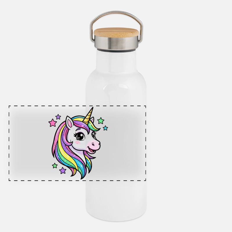 Regenbogen Einhorn Glitzerkopf Panorama Thermosflasche mit Bambusdeckel