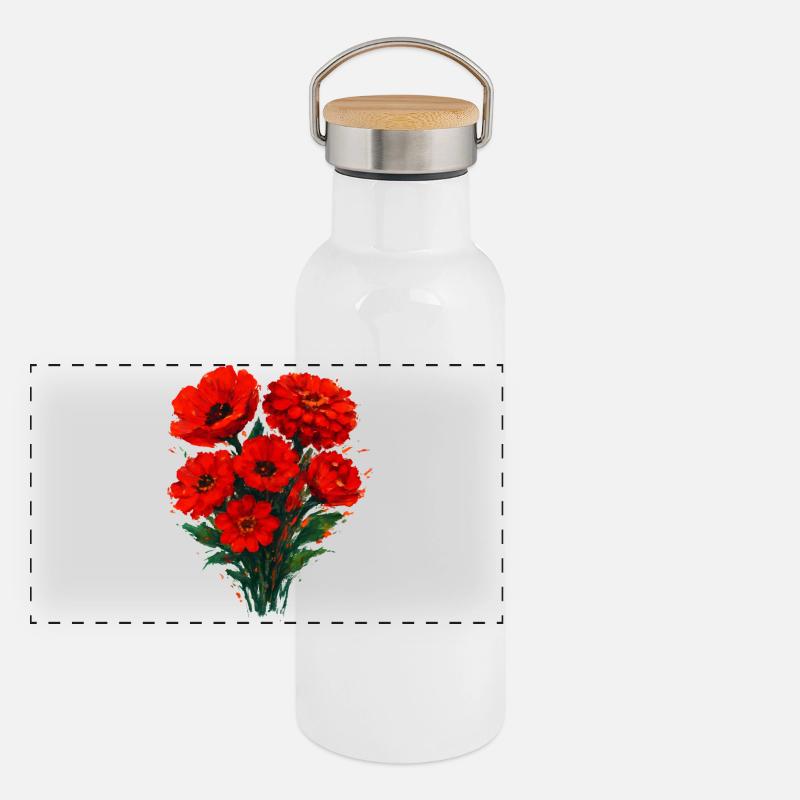 Rote Mohnblüten Aquarell Panorama Thermosflasche mit Bambusdeckel