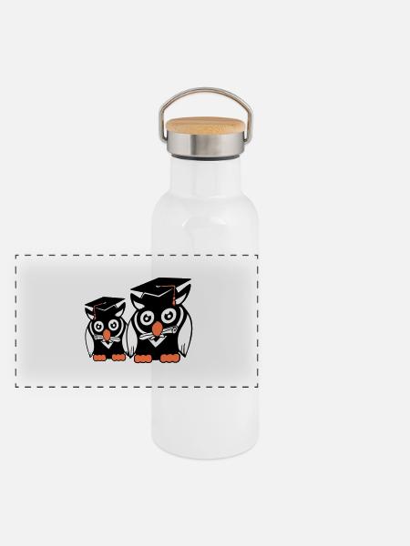 2 Eulen Schulabschluss College Abitur Student Team - Panorama Thermosflasche mit Bambusdeckel - Weiß - Vorne