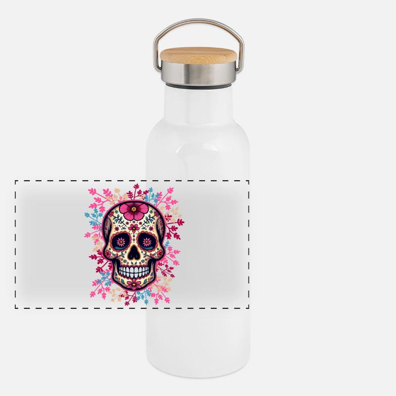 Mexican skull, sugar skull, pink calavera Panoramic Thermal Bottle with Bamboo Lid