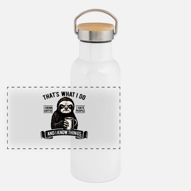 I drink coffee, I hate people and I know things Panorama Thermosflasche mit Bambusdeckel