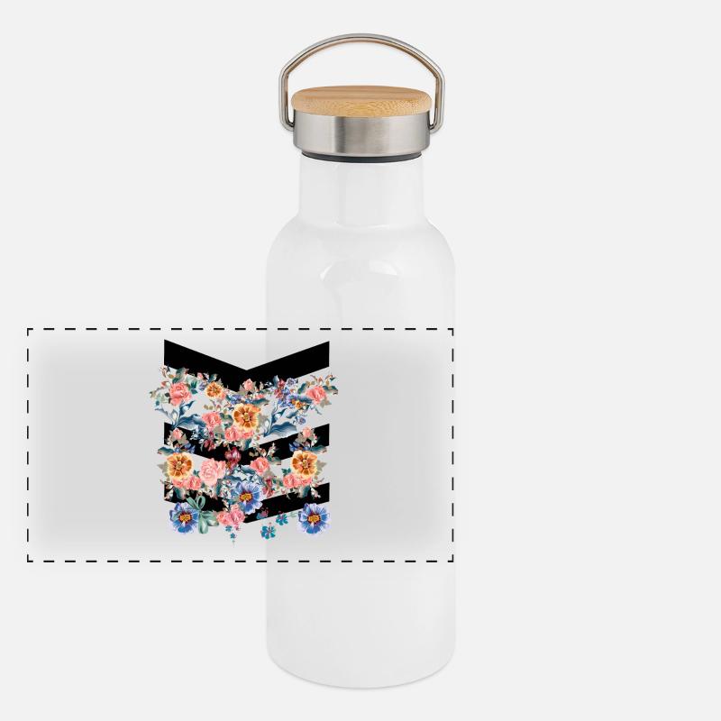 Colorful flowers with black lines Panoramic Thermal Bottle with Bamboo Lid