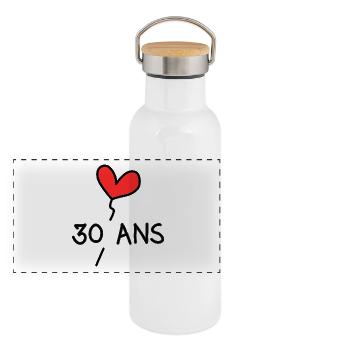 30. 30 ANS. 30e ANNIVERSAIRE. ANNIVERSAIRE 30 ANS. - Gourde isotherme avec bouchon en bambou - blanc - Devant