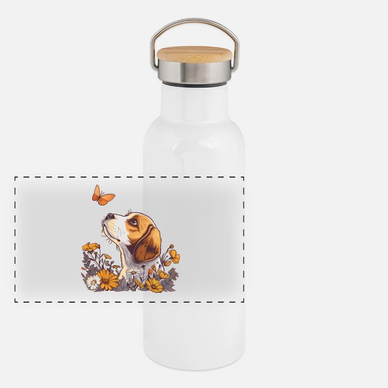 Beagle mit Schmetterling Panorama Thermosflasche mit Bambusdeckel