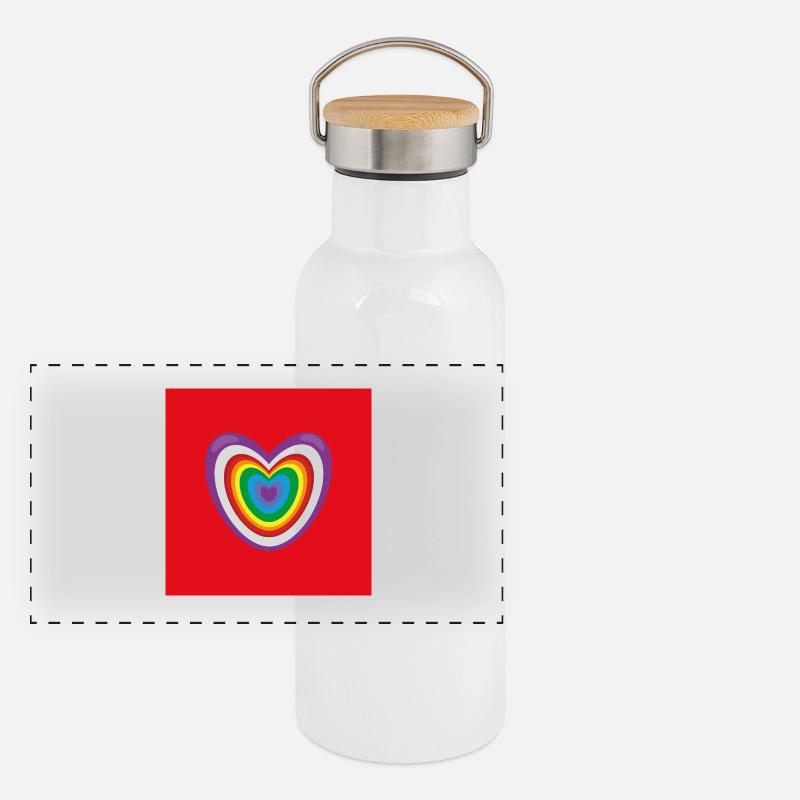 Herz und noch mal Herz mit Regenbogen. Panorama Thermosflasche mit Bambusdeckel