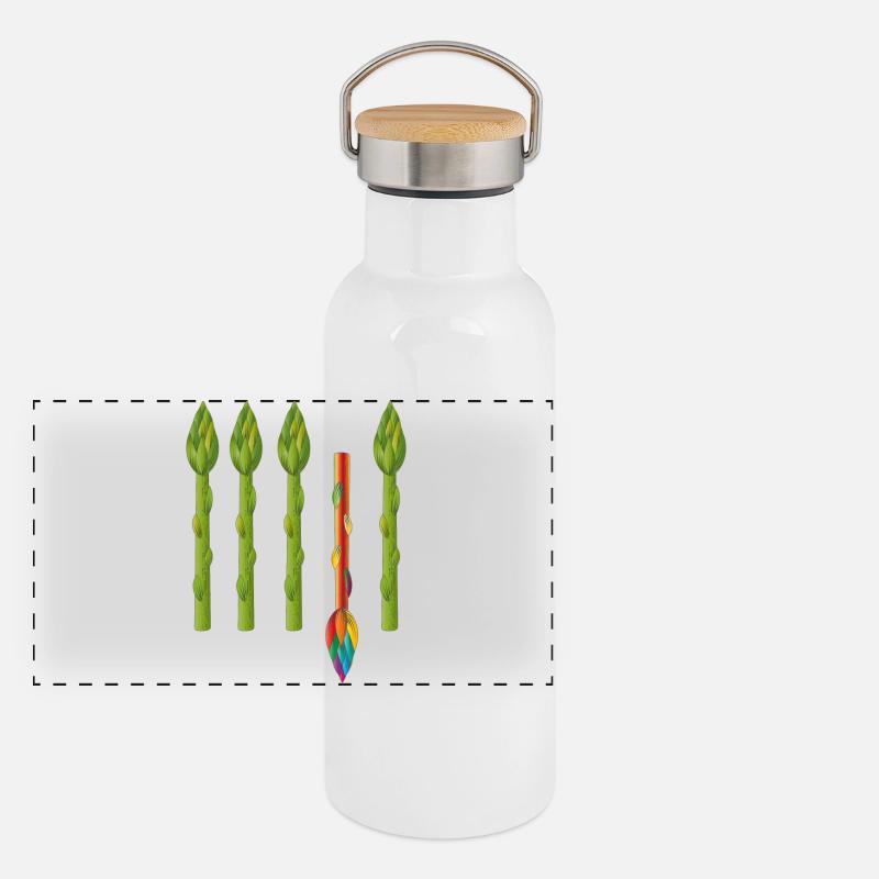 Vier grüne Spargel und ein bunter Spargel Panorama Thermosflasche mit Bambusdeckel