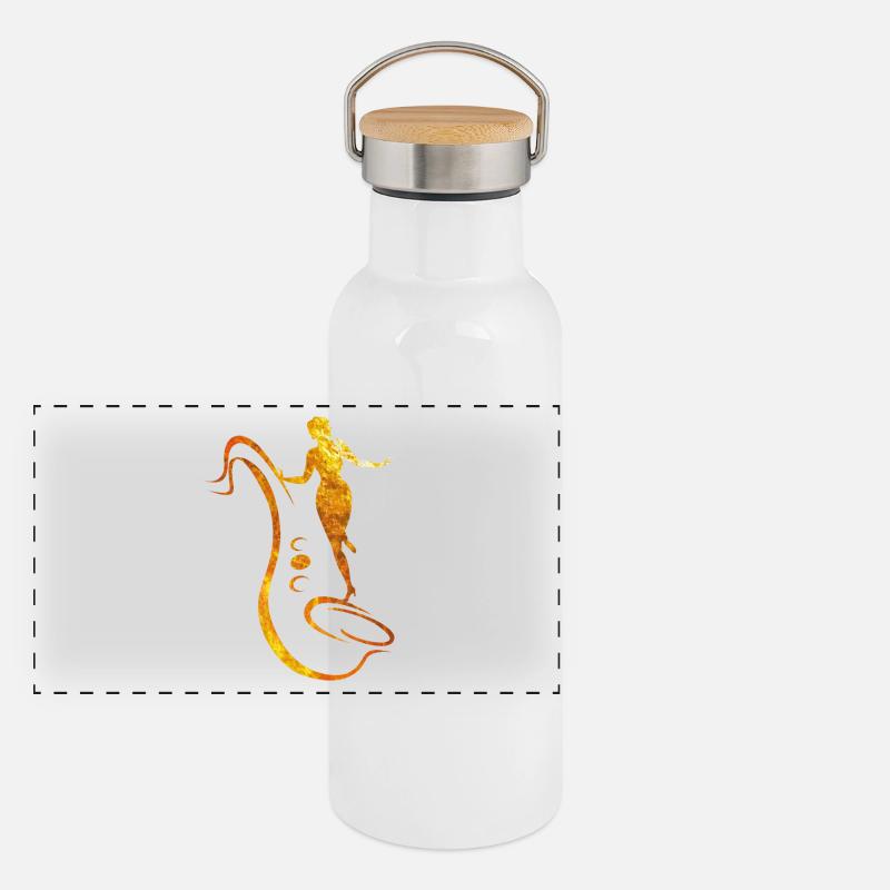 Frau und Saxophon Panorama Thermosflasche mit Bambusdeckel