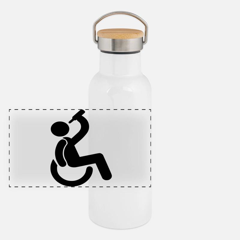 Trinkender Rollstuhlfahrer Humor-Symbol # Panorama Thermosflasche mit Bambusdeckel