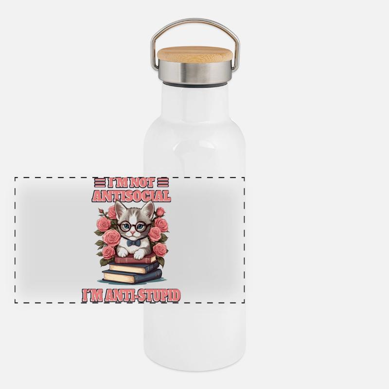 Schlaue Katze mit Lesebrille Panorama Thermosflasche mit Bambusdeckel
