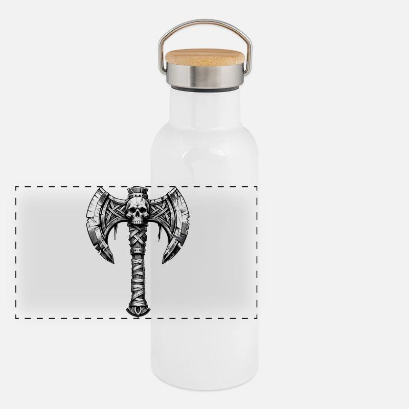 Axtwerfen Axt Totenkopf Design Panorama Thermosflasche mit Bambusdeckel